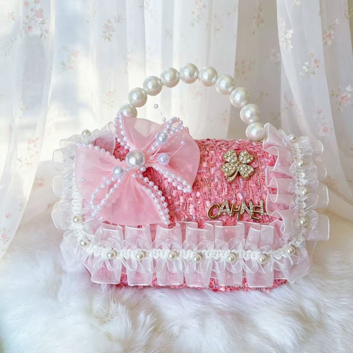 New Kids Handbag for Girls with Bow & Pearl, Fashionable Princess Shoulder Crossbody Mini Purse for Coins