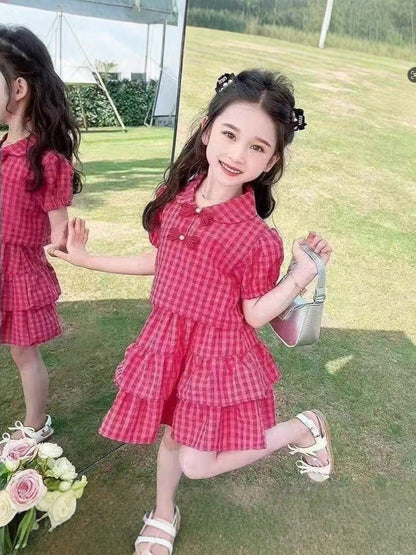 Girls' Fashionable and Sweet Plaid Skirt Suit Summer Ruffled, For 1-2 Years, Imported From China