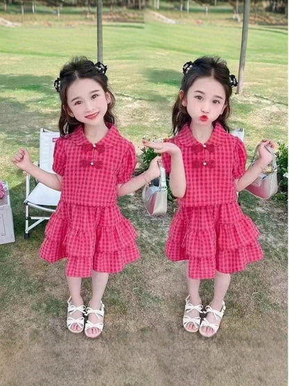 Girls' Fashionable and Sweet Plaid Skirt Suit Summer Ruffled, For 1-2 Years, Imported From China