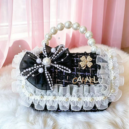 New Kids Handbag for Girls with Bow &amp; Pearl, Fashionable Princess Shoulder Crossbody Mini Purse for Coins