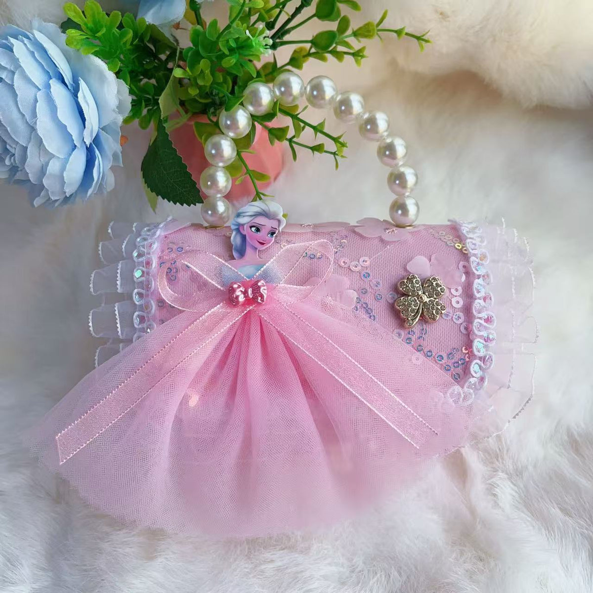 New Kids Handbag for Girls with Bow &amp; Pearl, Fashionable Princess Shoulder Crossbody Mini Purse for Coins