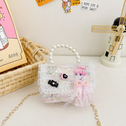 New Kids Handbag for Girls with Bow &amp; Pearl, Fashionable Princess Shoulder Crossbody Mini Purse for Coins