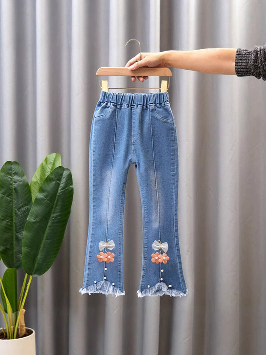 Girls' Jeans Trendy Slimming Flared Pants with Lace Trim Soft Children's Long Pants with Lace 4-12Y Imported From China