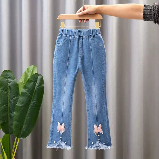Girls' Jeans Trendy Slimming Flared Pants with Lace Trim Soft Children's Long Pants with Lace 4-12Y Imported From China